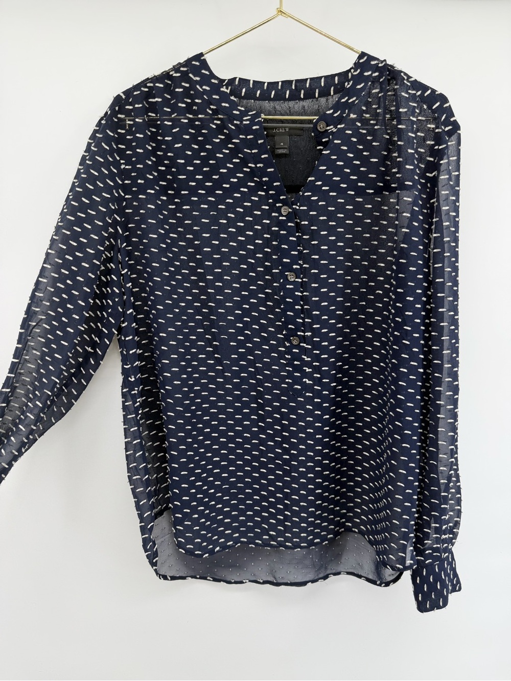J. Crew Navy and White Dot-Print Henley Blouse